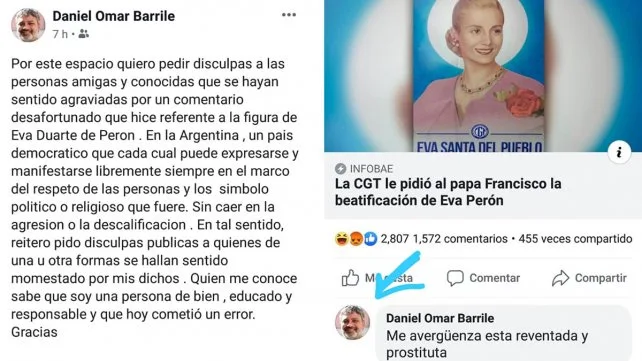 Un funcionario comunal de Cambiemos le dijo "reventada y prostituta" a Evita