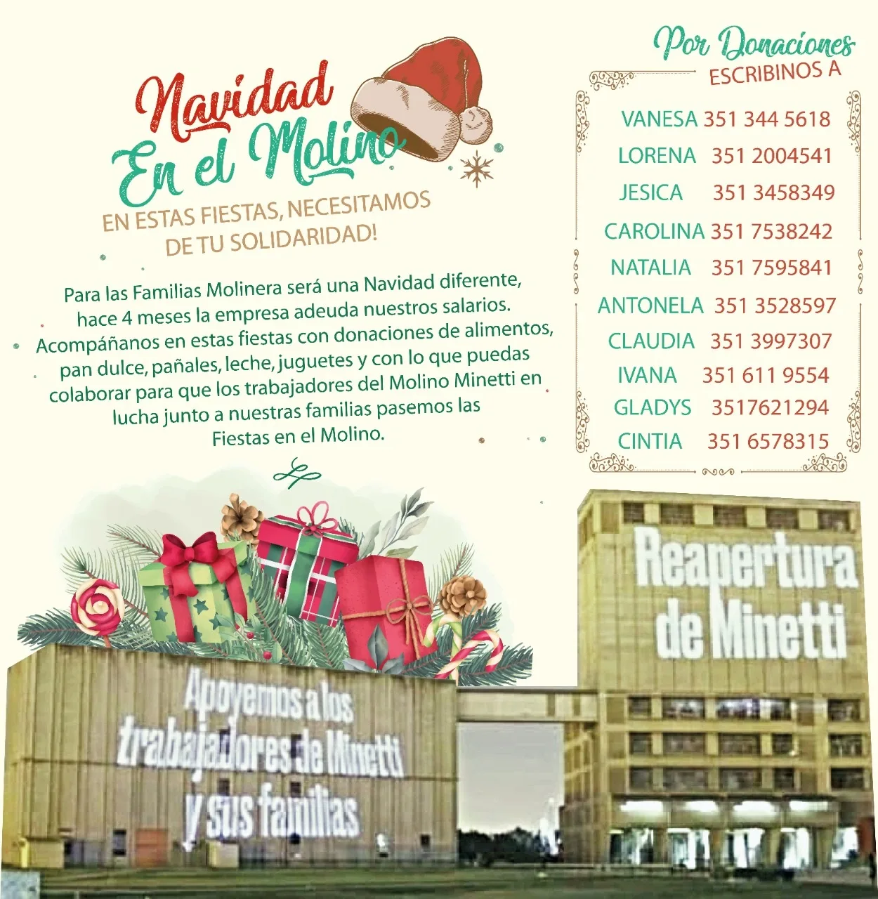 Piden donaciones para que los trabajadores del Molino Minetti pasen la Navidad
