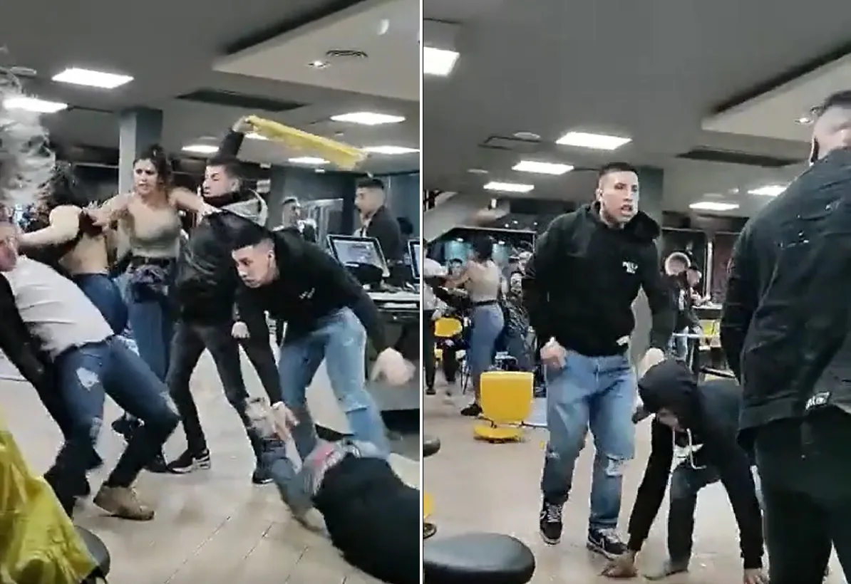 Batalla campal en local de comidas rápidas: se pegaron hasta con el cartel de "cuidado, piso mojado"