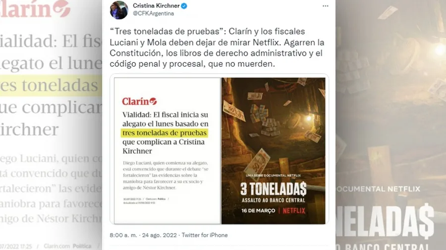 Cristina Kirchner: "Clarín y los fiscales deben dejar de mirar Netflix; agarren la Constitución"