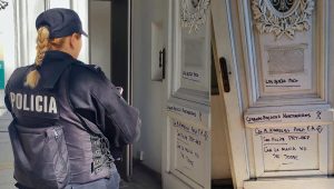 Pintada en el Concejo: un hombre solitario de madrugada, con fibrón, a la vista de todos y filmado por las cámaras