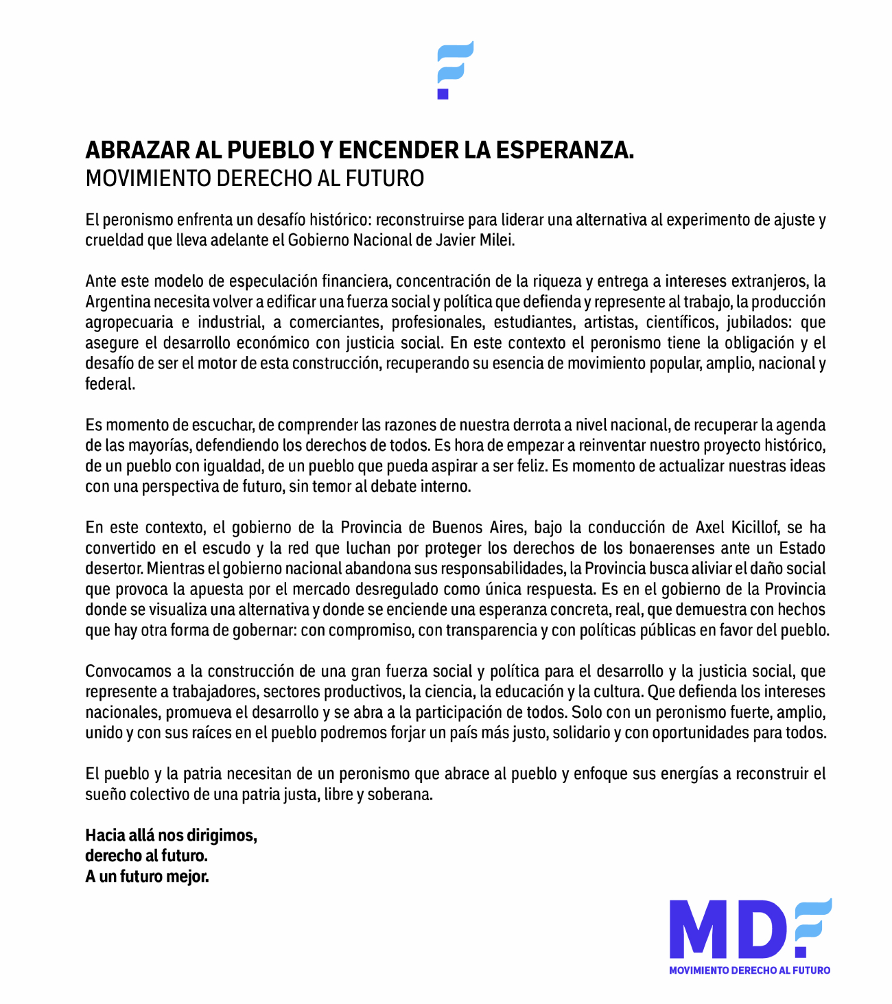 El documento fundacional de MDF, el movimiento de Axel Kicillof.