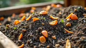 Cáscaras de naranja en la tierra