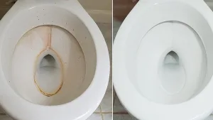 Antes y después de un inodoro con sarro