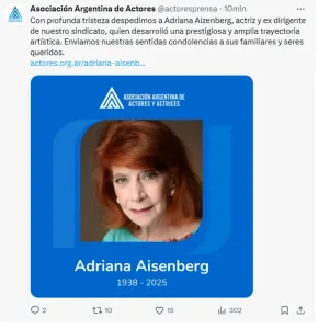 Profunda tristeza: a los 86 años, murió la actriz Adriana Aizenberg, referente del teatro, el cine y la televisión