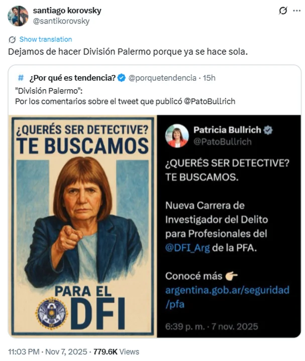 Santiago Korovsky aseguró que con los “avisos” y “pedidos” de  Patricia Bullrich “División Palermo “se hace sola”