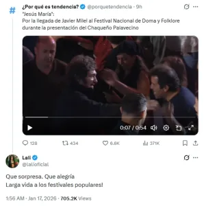 Lali, filosa tras el paso de Milei por Jesús María: “Qué sorpresa. Qué alegría ¡Larga vida a los festivales populares!”