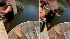 Buscan a un turista rosarino por un video viral colgándose del Dique San Roque