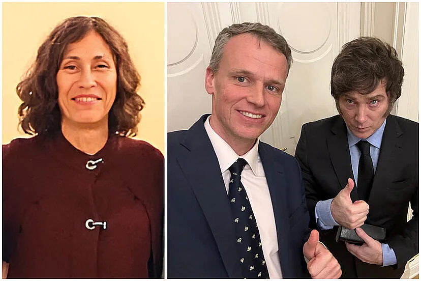 La española Carrasco Bañuelos, su esposo alemán Bagus y el amigo argentino Milei.