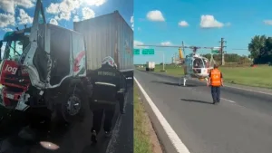 Violento accidente en la autopista Rosario-Buenos Aires: un camionero debió ser evacuado en helicóptero sanitario