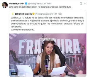 Malena Pichot, muy lejos de un pedido de disculpas a Mariana Brey a quien llamó “gato anabolizado” por relativizar la dictadura