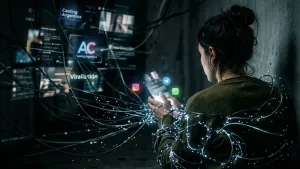 Una joven de espaldas es envuelta por cables luminosos mientras mira su celular. A su alrededor flotan iconos de redes sociales y carteles de "Casting Argentina" y "Viralización", simbolizando la trampa de la explotación sexual digital.