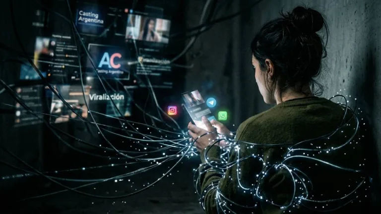 Una joven de espaldas es envuelta por cables luminosos mientras mira su celular. A su alrededor flotan iconos de redes sociales y carteles de "Casting Argentina" y "Viralización", simbolizando la trampa de la explotación sexual digital.