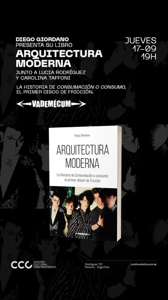 Flyer del libro Arquitectura moderna de Diego Giordano sobre el primer disco de Fricción
