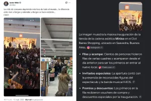 Milei reincidente: para negar caída sostenida del consumo, publicó foto de multitud en inauguración de negocio para ver artistas, no para comprar