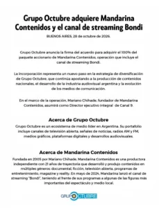 La tevé argentina en un tembladeral: el Grupo Octubre compró Mandarina, la productora de Mariano Chihade